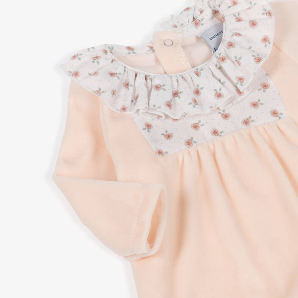 Babidu-Girls Peach Pink Velour Babygrow with Floral Ruffle Collar | Childrensalon