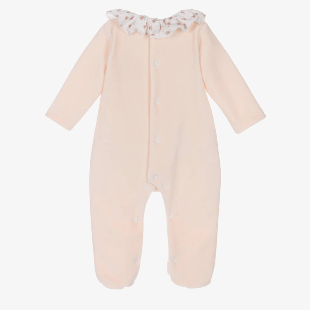 Babidu-Girls Peach Pink Velour Babygrow with Floral Ruffle Collar | Childrensalon