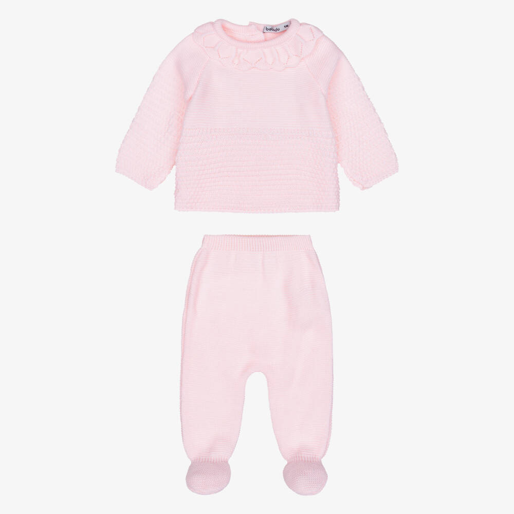 Babidu-Girls Pink Babysuit Set with Knitted Bonnet | Childrensalon