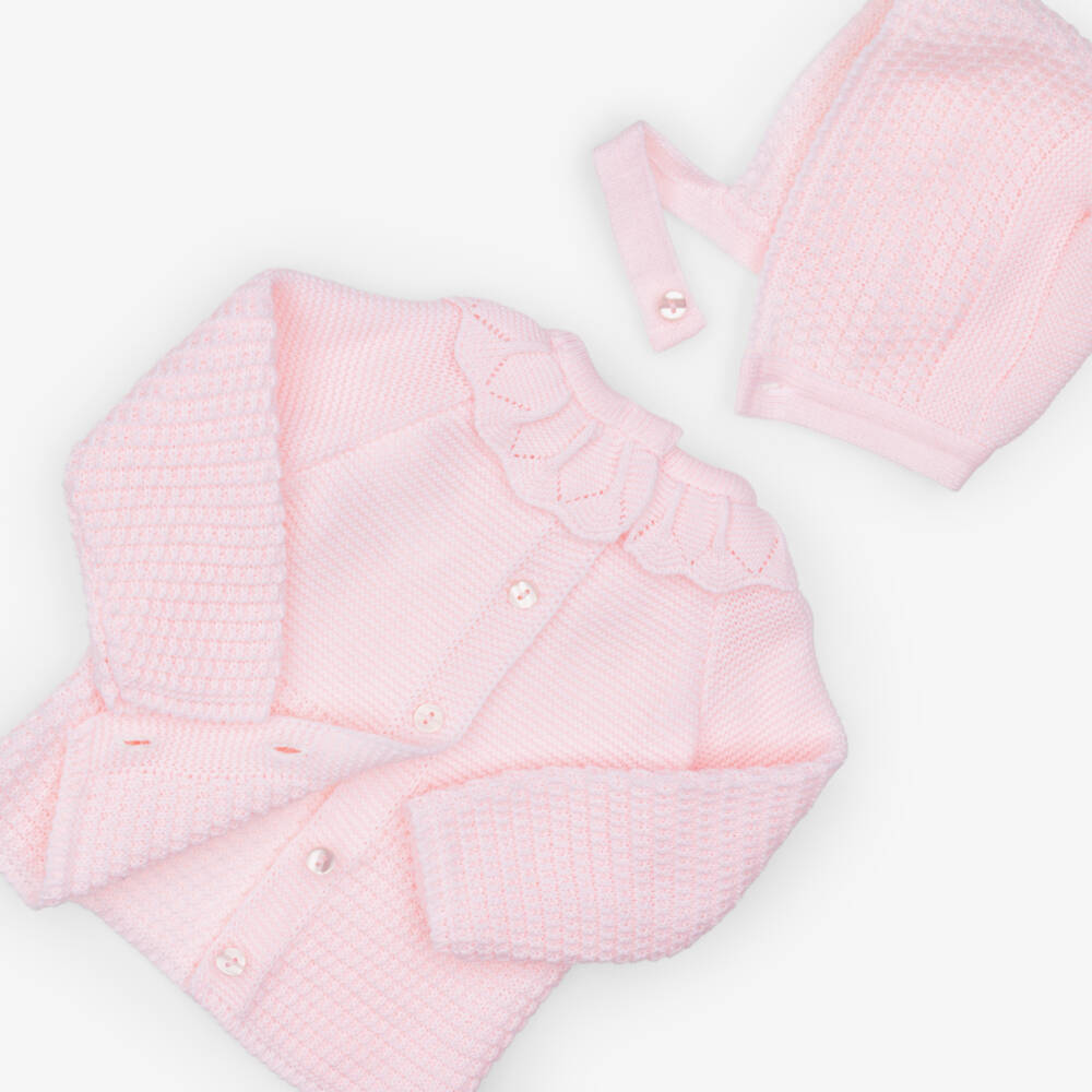 Babidu-Girls Pink Babysuit Set with Knitted Bonnet | Childrensalon