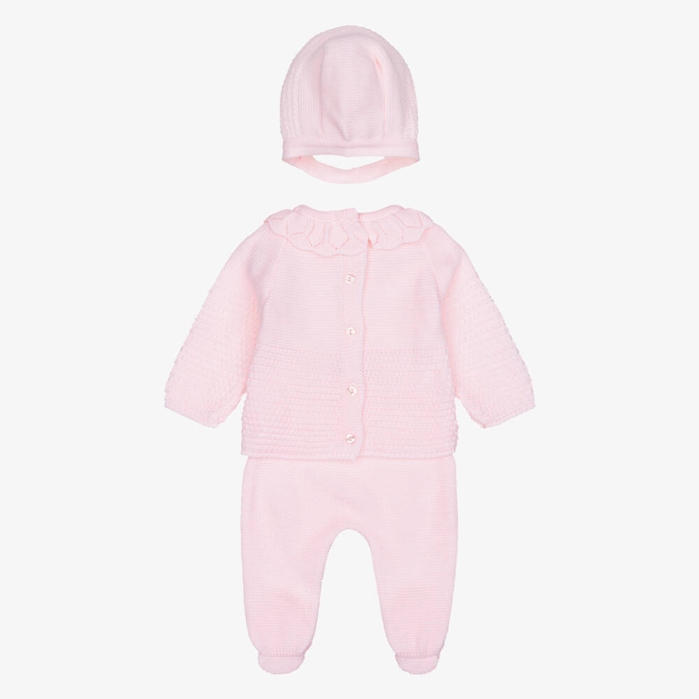 Babidu-Girls Pink Babysuit Set with Knitted Bonnet | Childrensalon