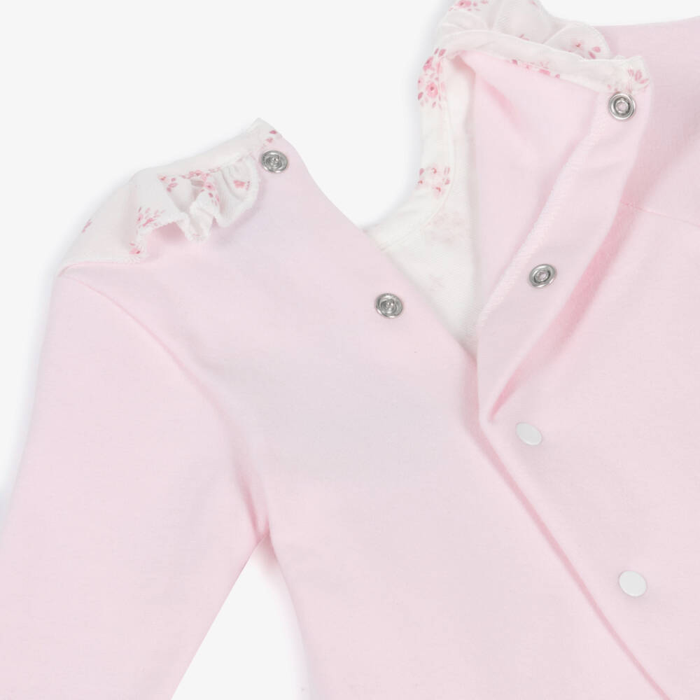 Babidu-Girls Pink Cotton Babygrow with Floral Bodice | Childrensalon