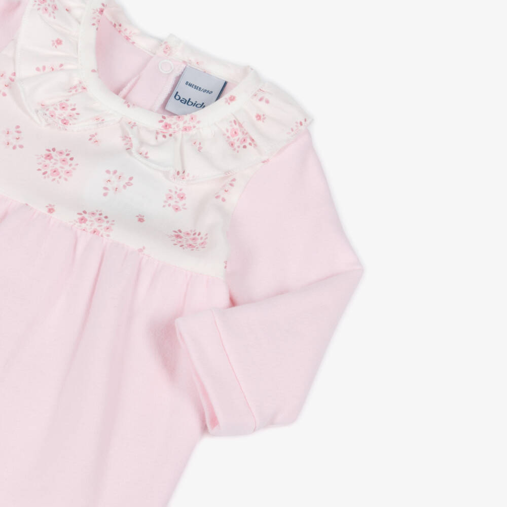 Babidu-Girls Pink Cotton Babygrow with Floral Bodice | Childrensalon