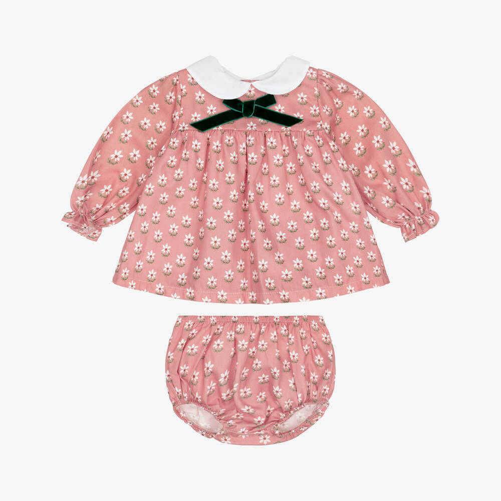 Babidu-Girls Pink Cotton Floral Dress with Green Velvet Bow | Childrensalon