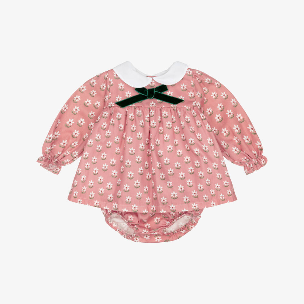 Babidu-Girls Pink Cotton Floral Dress with Green Velvet Bow | Childrensalon