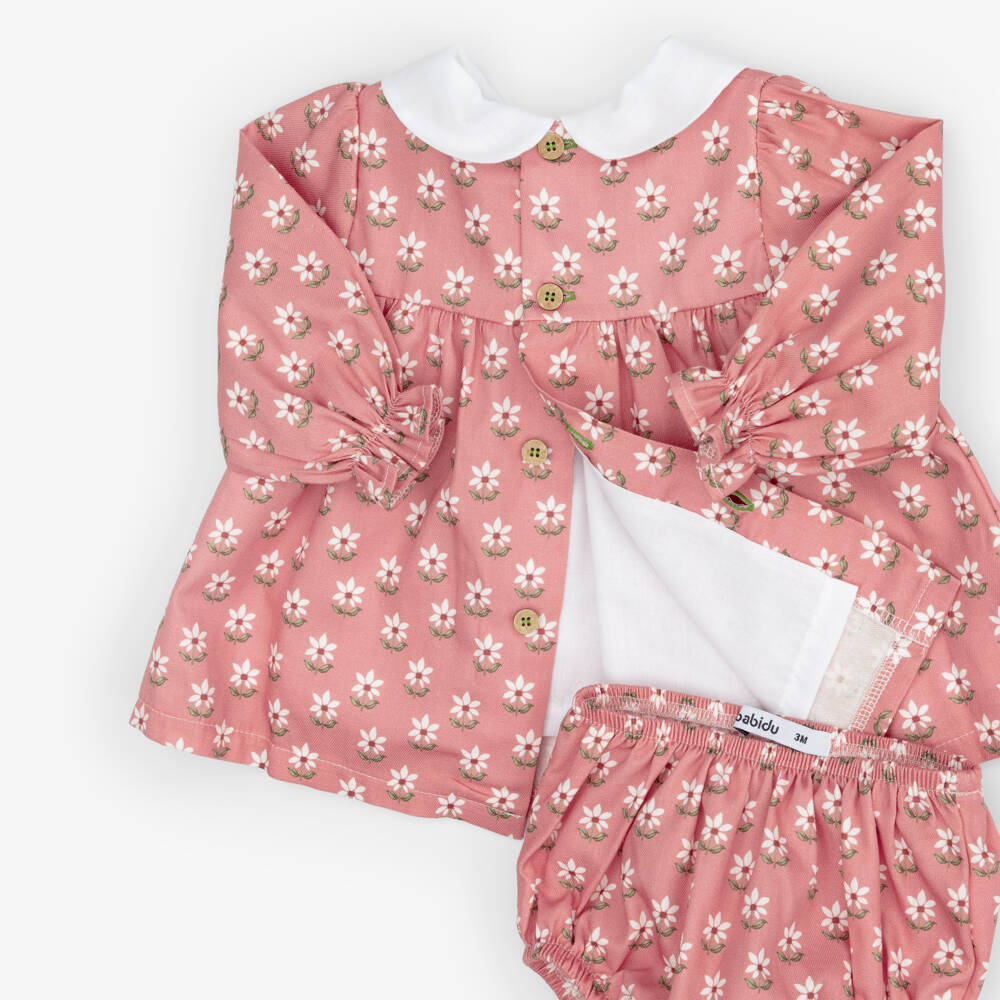 Babidu-Girls Pink Cotton Floral Dress with Green Velvet Bow | Childrensalon
