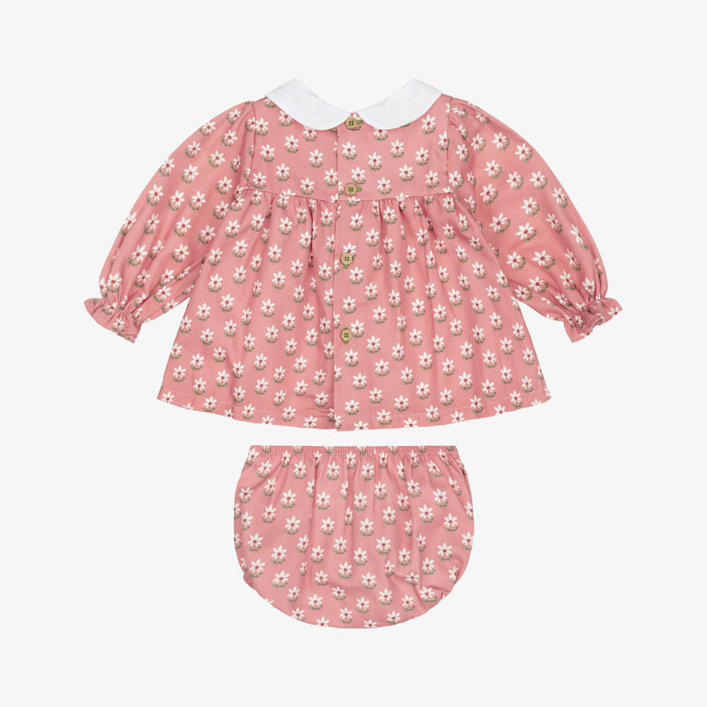 Babidu-Girls Pink Cotton Floral Dress with Green Velvet Bow | Childrensalon