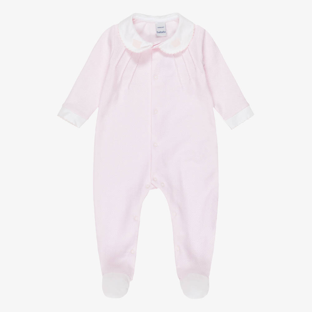 Babidu-Girls Pink Cotton Jersey Babygrow with Teddy Motifs | Childrensalon