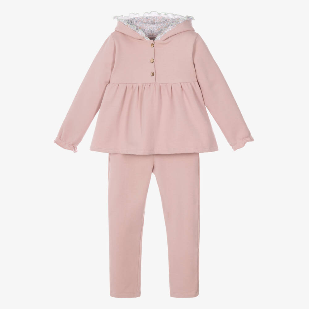 Babidu-Girls Pink Cotton Jersey Trouser Set with Frilly Hood | Childrensalon