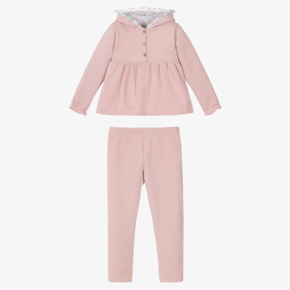 Babidu-Girls Pink Cotton Jersey Trouser Set with Frilly Hood | Childrensalon