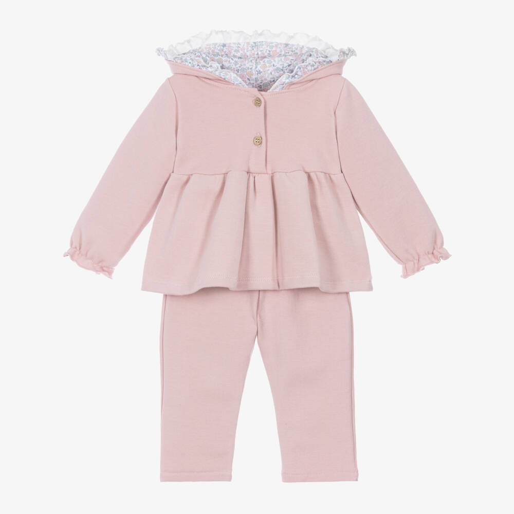 Babidu-Girls Pink Cotton Jersey Trouser Set with Frilly Hood | Childrensalon