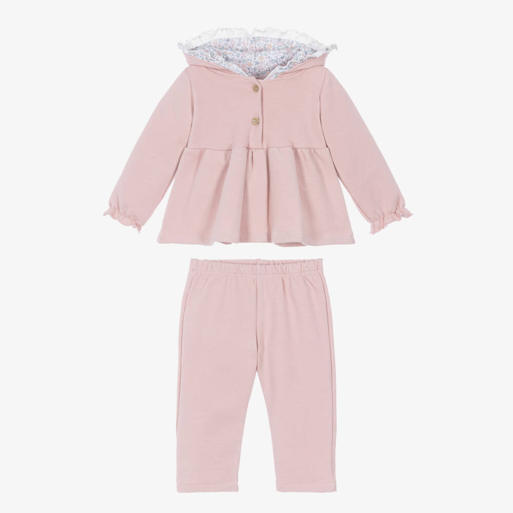 Babidu-Girls Pink Cotton Jersey Trouser Set with Frilly Hood | Childrensalon