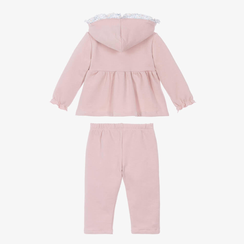 Babidu-Girls Pink Cotton Jersey Trouser Set with Frilly Hood | Childrensalon