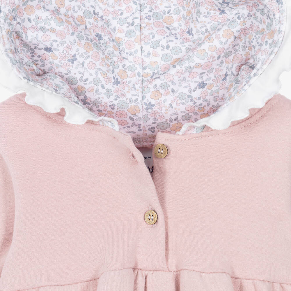 Babidu-Girls Pink Cotton Jersey Trouser Set with Frilly Hood | Childrensalon