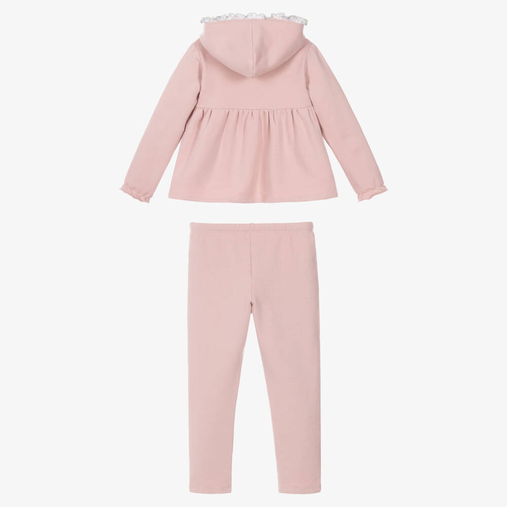 Babidu-Girls Pink Cotton Jersey Trouser Set with Frilly Hood | Childrensalon