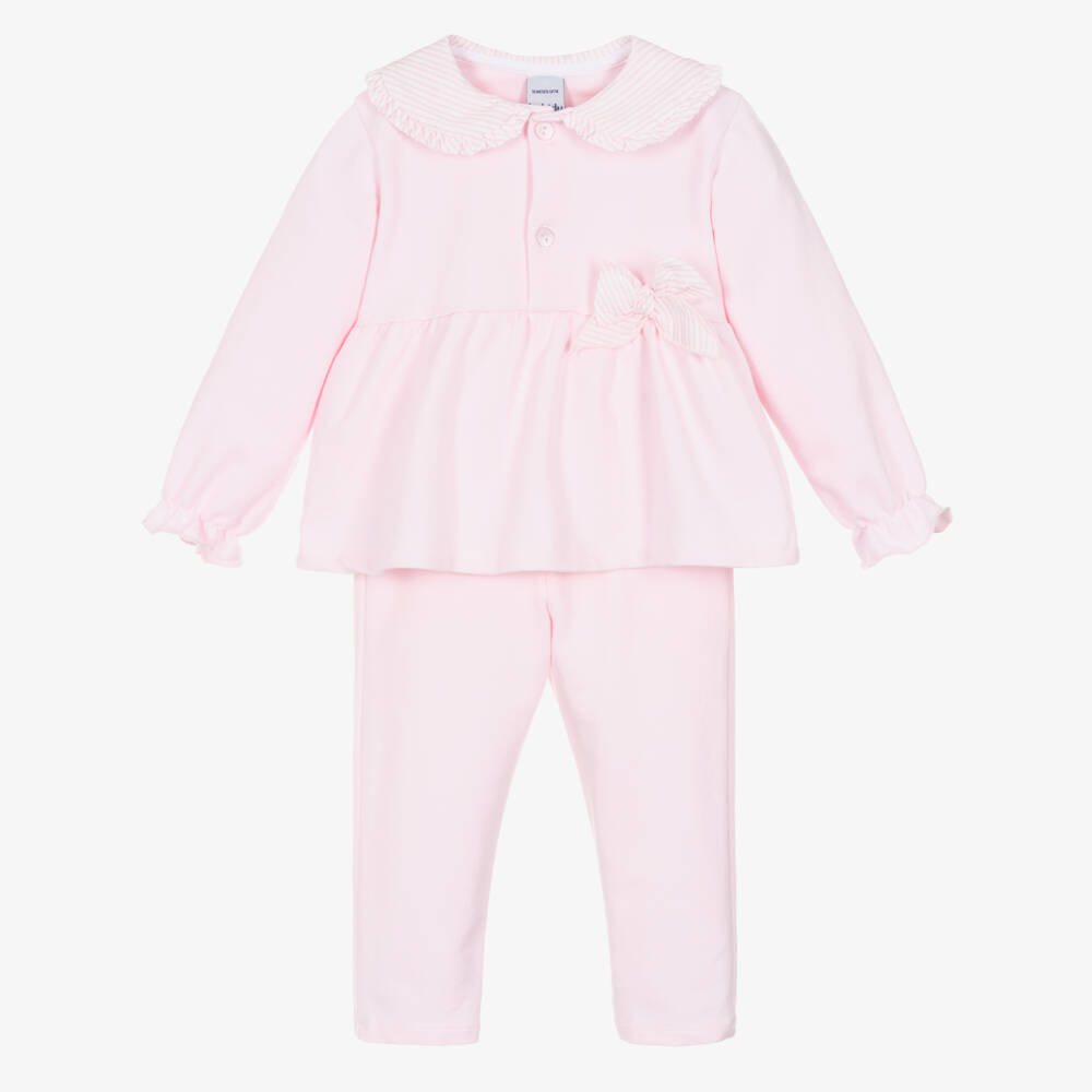 Babidu-Girls Pink Cotton Jersey Trousers Set with Striped Trims | Childrensalon