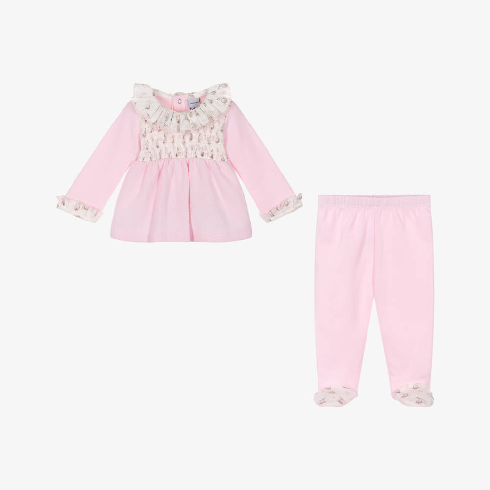Babidu-Girls Pink Cotton Knit Babygrow with Bunny Print Trims | Childrensalon