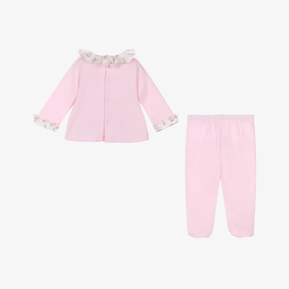 Babidu-Girls Pink Cotton Knit Babygrow with Bunny Print Trims | Childrensalon