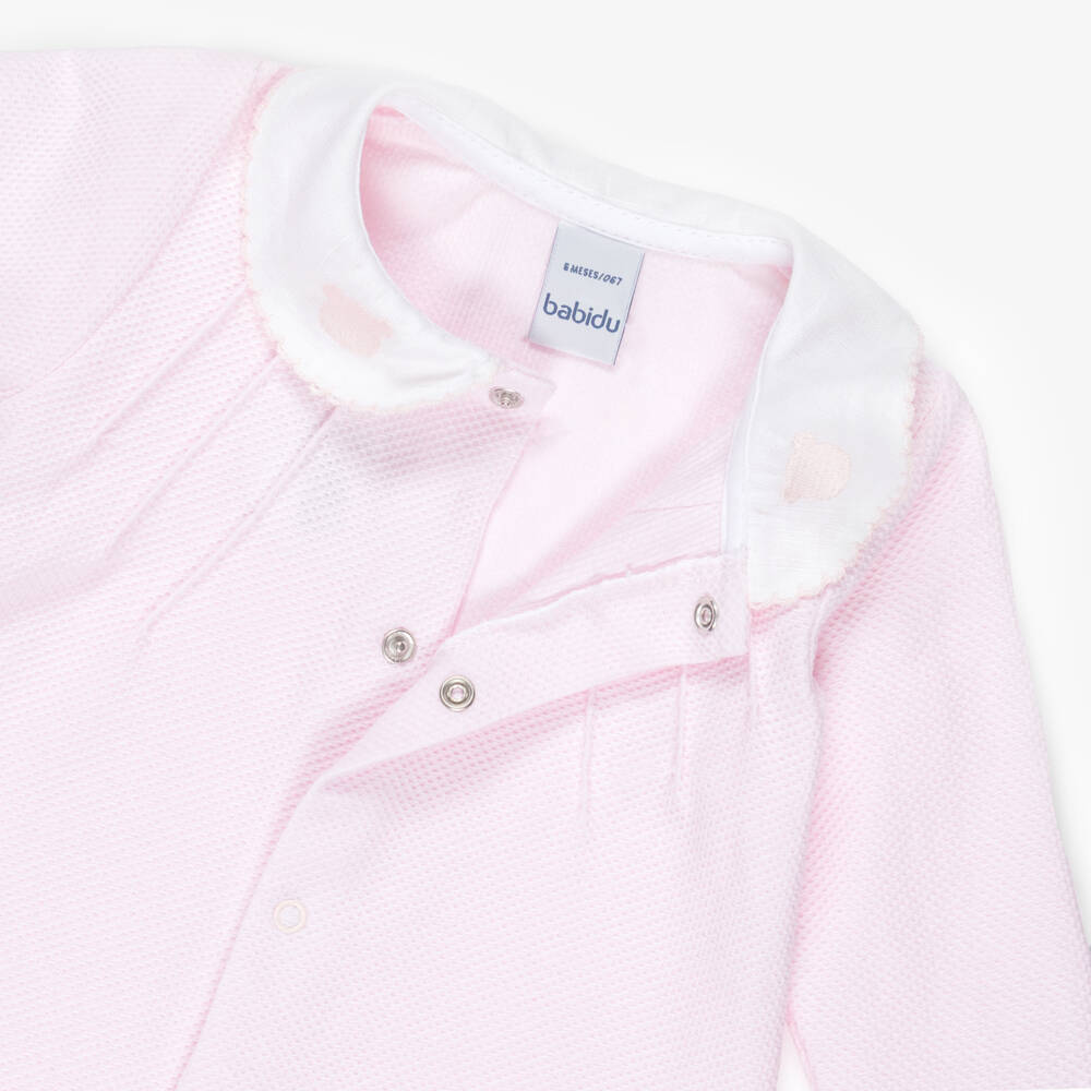 Babidu-Girls Pink Cotton Piqué Babygrow with Ivory Trims | Childrensalon
