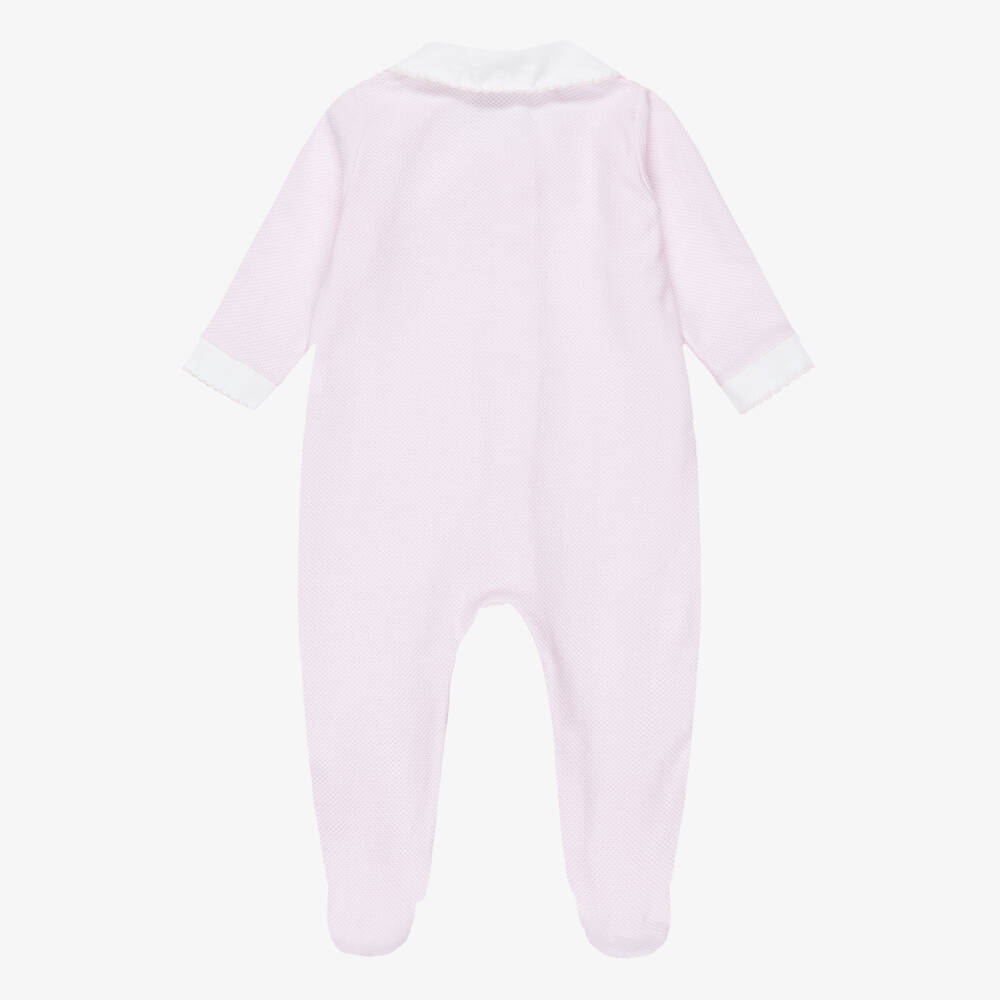 Babidu-Girls Pink Cotton Piqué Babygrow with Ivory Trims | Childrensalon