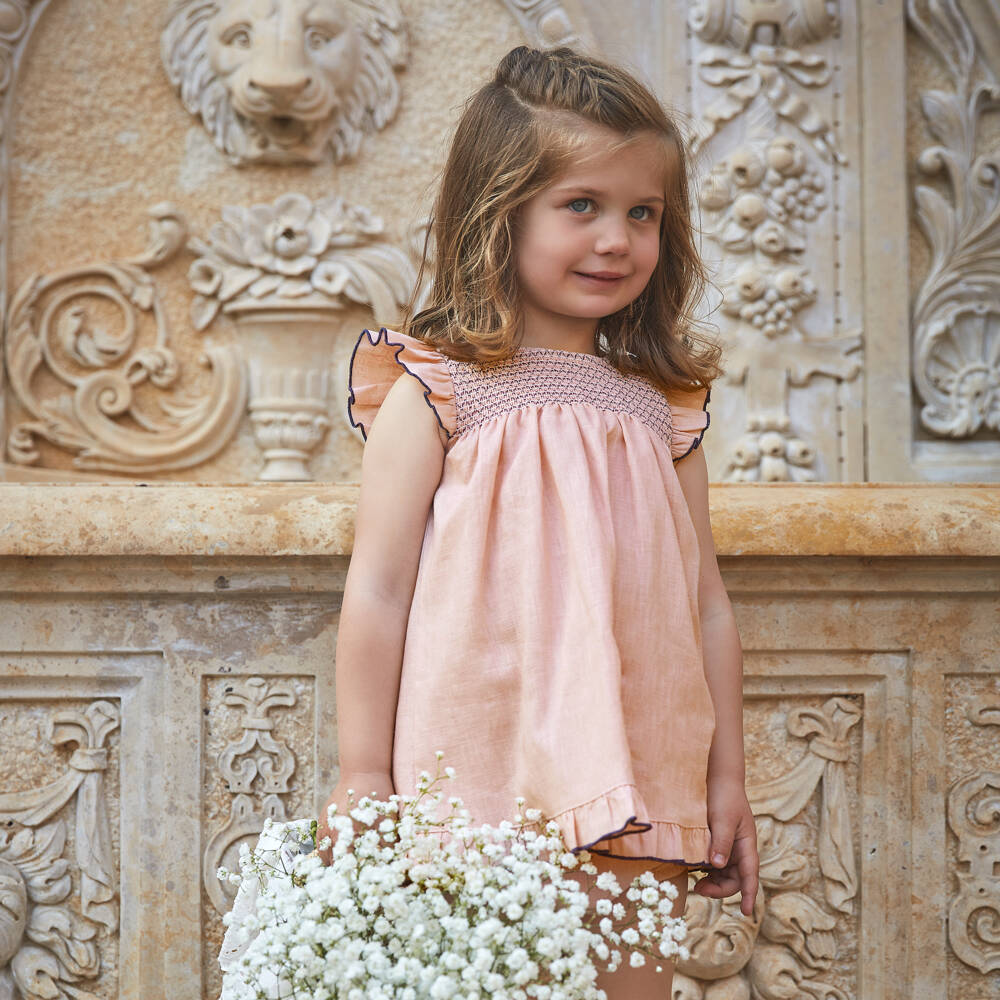 Babidu-فستان قطن تطريز سموك لون زهري للبنات | Childrensalon