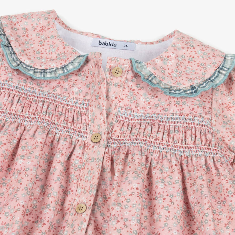 Babidu-Платье розовое из хлопка в цветочек с присборенной вышивкой | Childrensalon