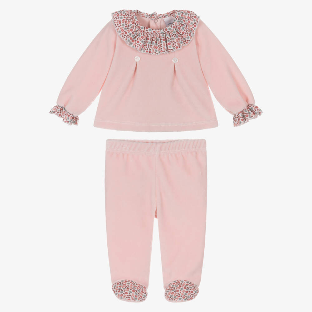 Babidu-Girls Pink Floral Velour 2 Piece Babygrow | Childrensalon
