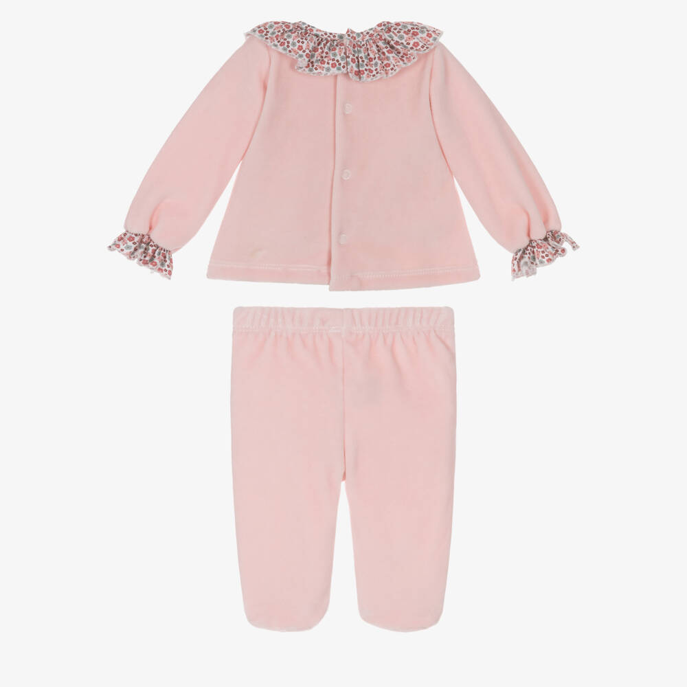 Babidu-Girls Pink Floral Velour 2 Piece Babygrow | Childrensalon