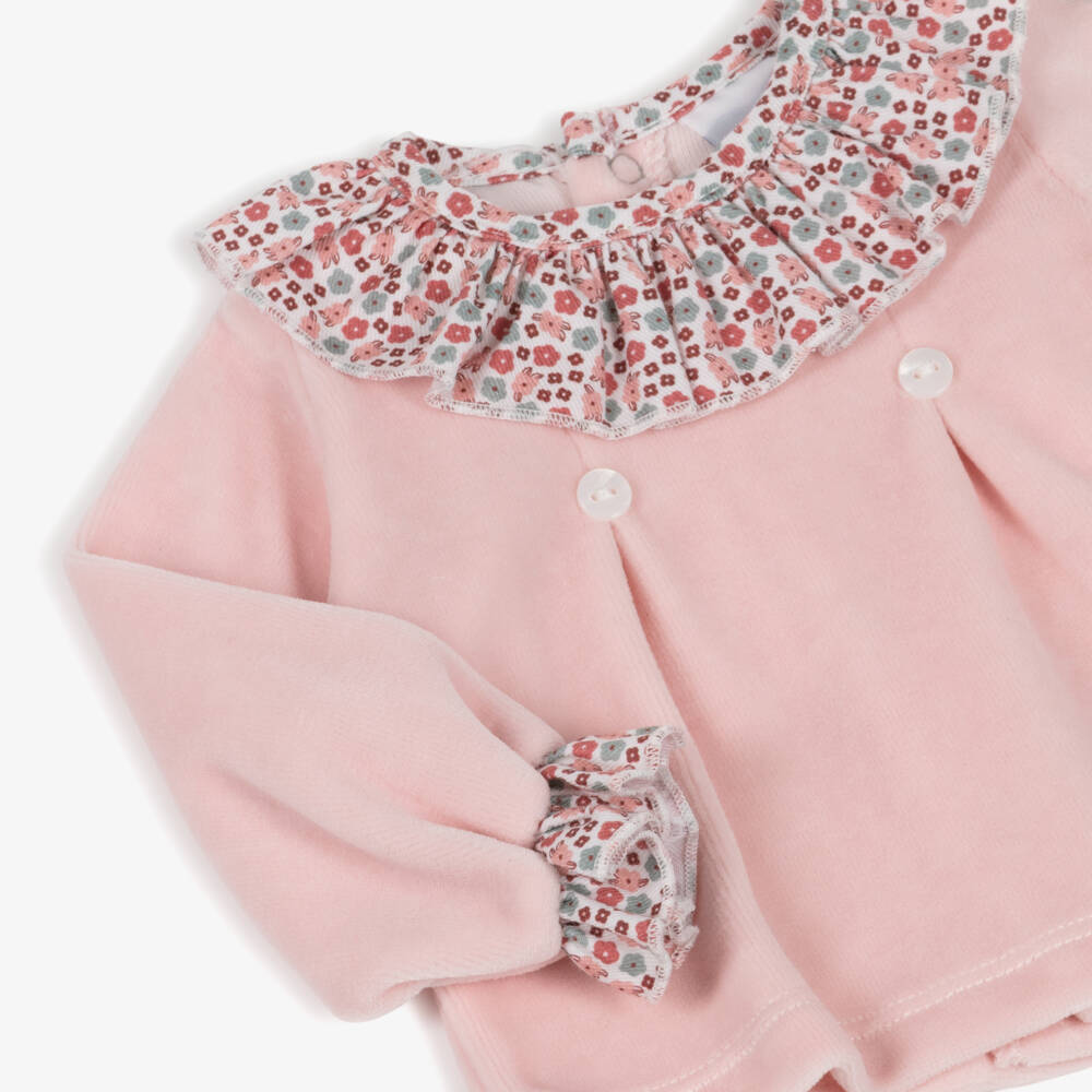 Babidu-Girls Pink Floral Velour 2 Piece Babygrow | Childrensalon