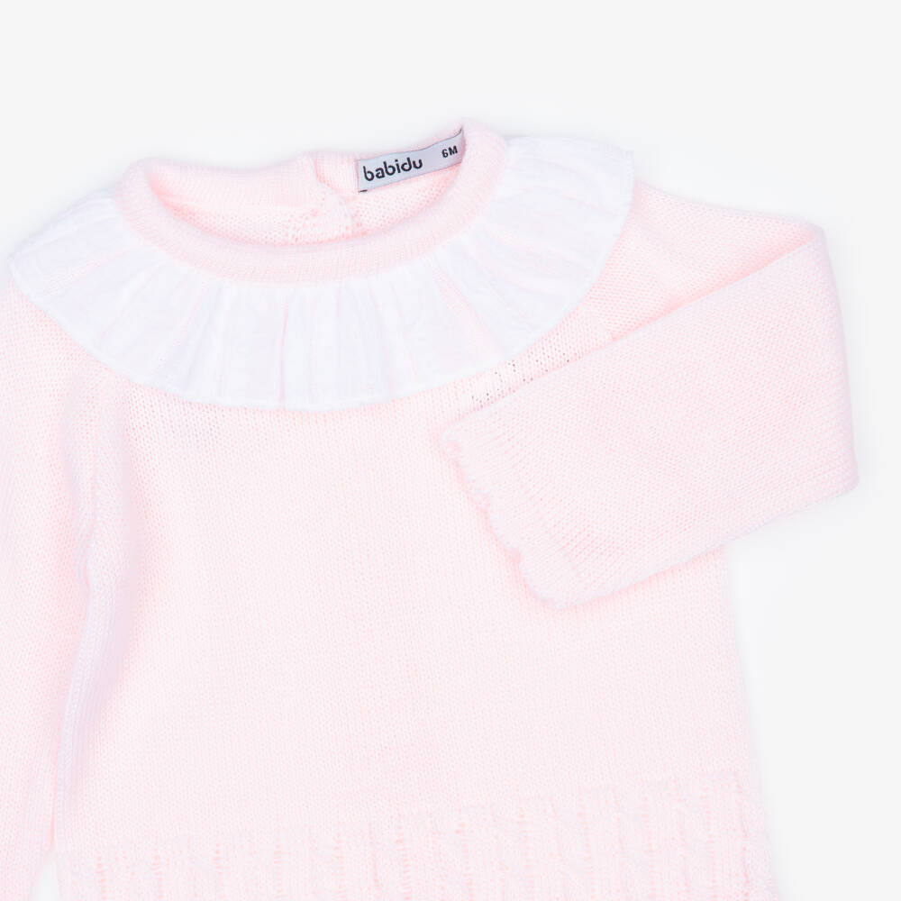 Babidu-Girls Pink Knitted 2 Piece Babygrow with Ruffle Collar | Childrensalon