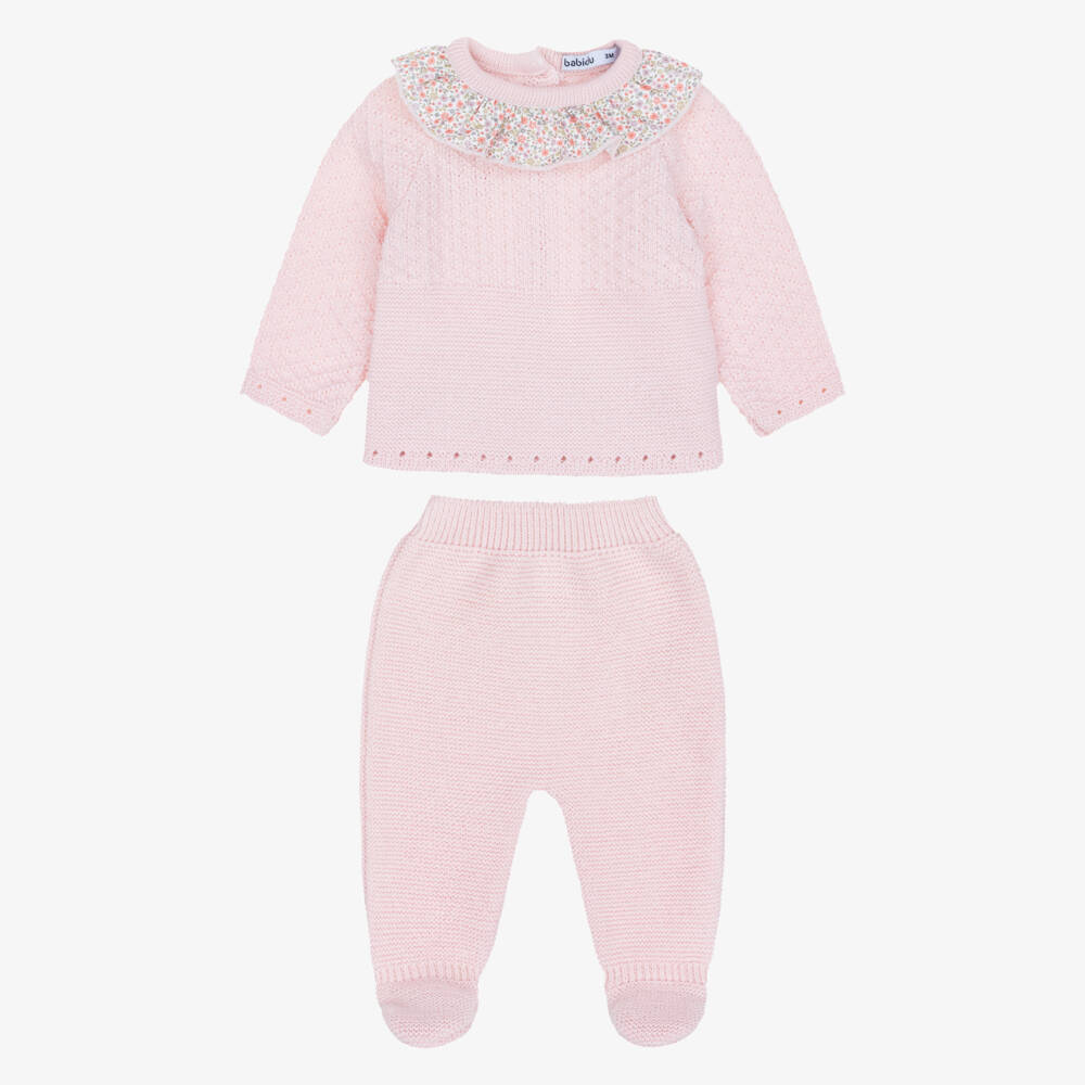 Babidu-Girls Pink Knitted Babysuit Set with Floral Accents | Childrensalon
