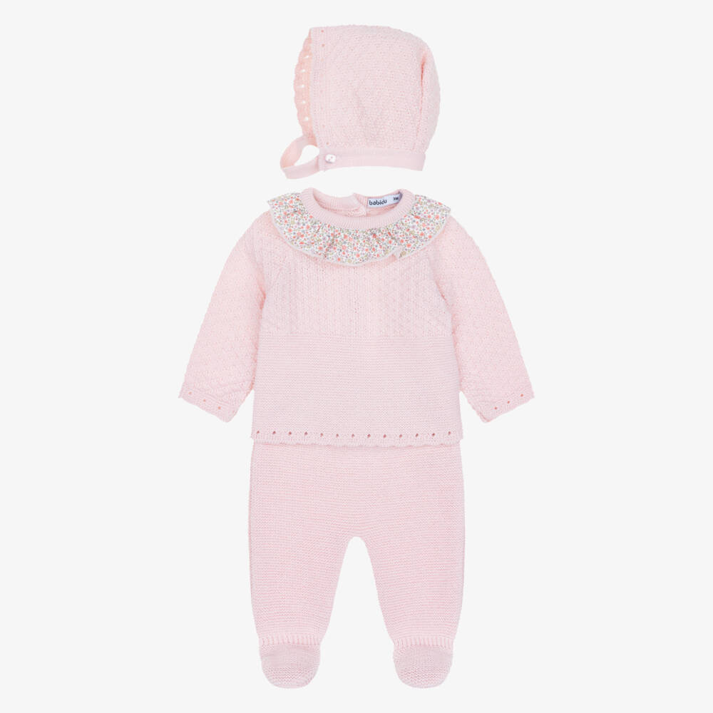 Babidu-Girls Pink Knitted Babysuit Set with Floral Accents | Childrensalon