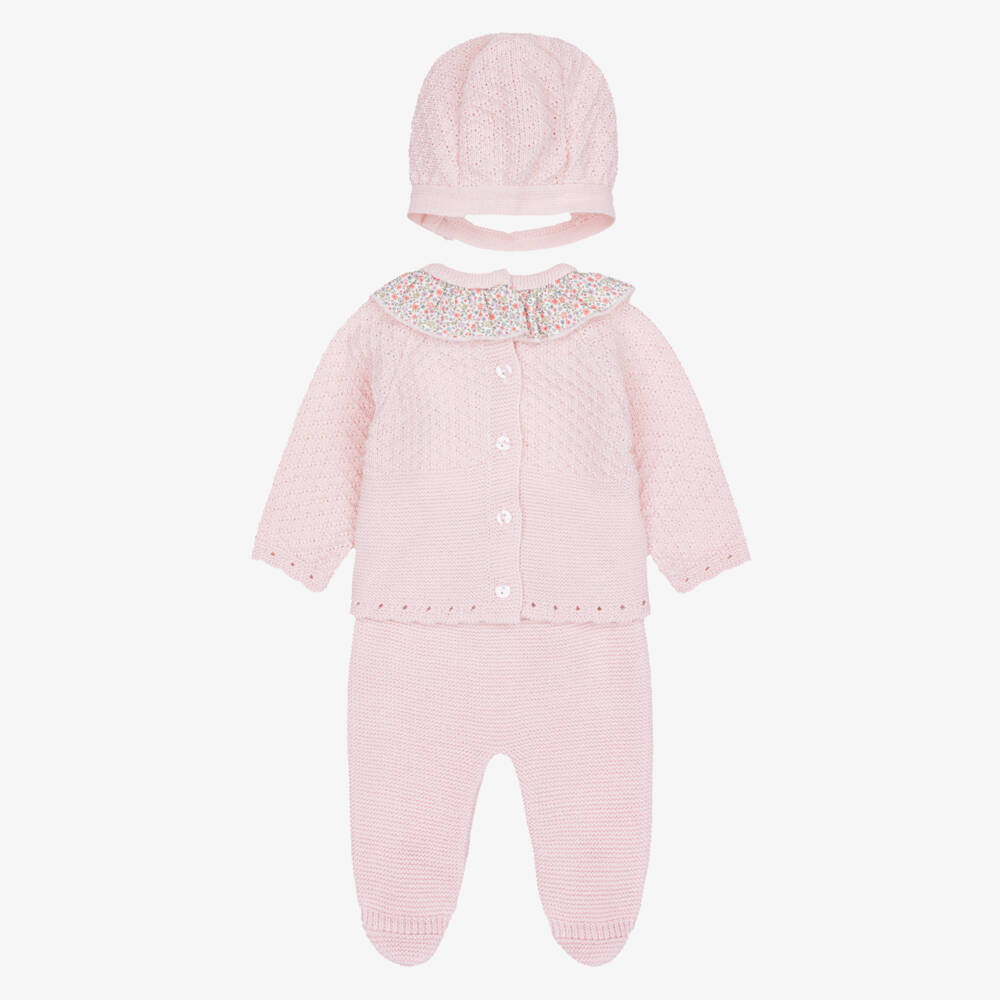 Babidu-Girls Pink Knitted Babysuit Set with Floral Accents | Childrensalon
