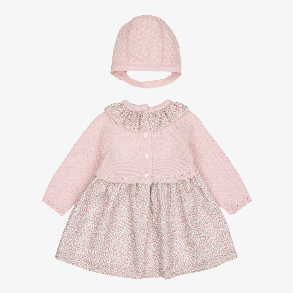 Babidu-Girls Pink Knitted & Floral Print Dress Set | Childrensalon