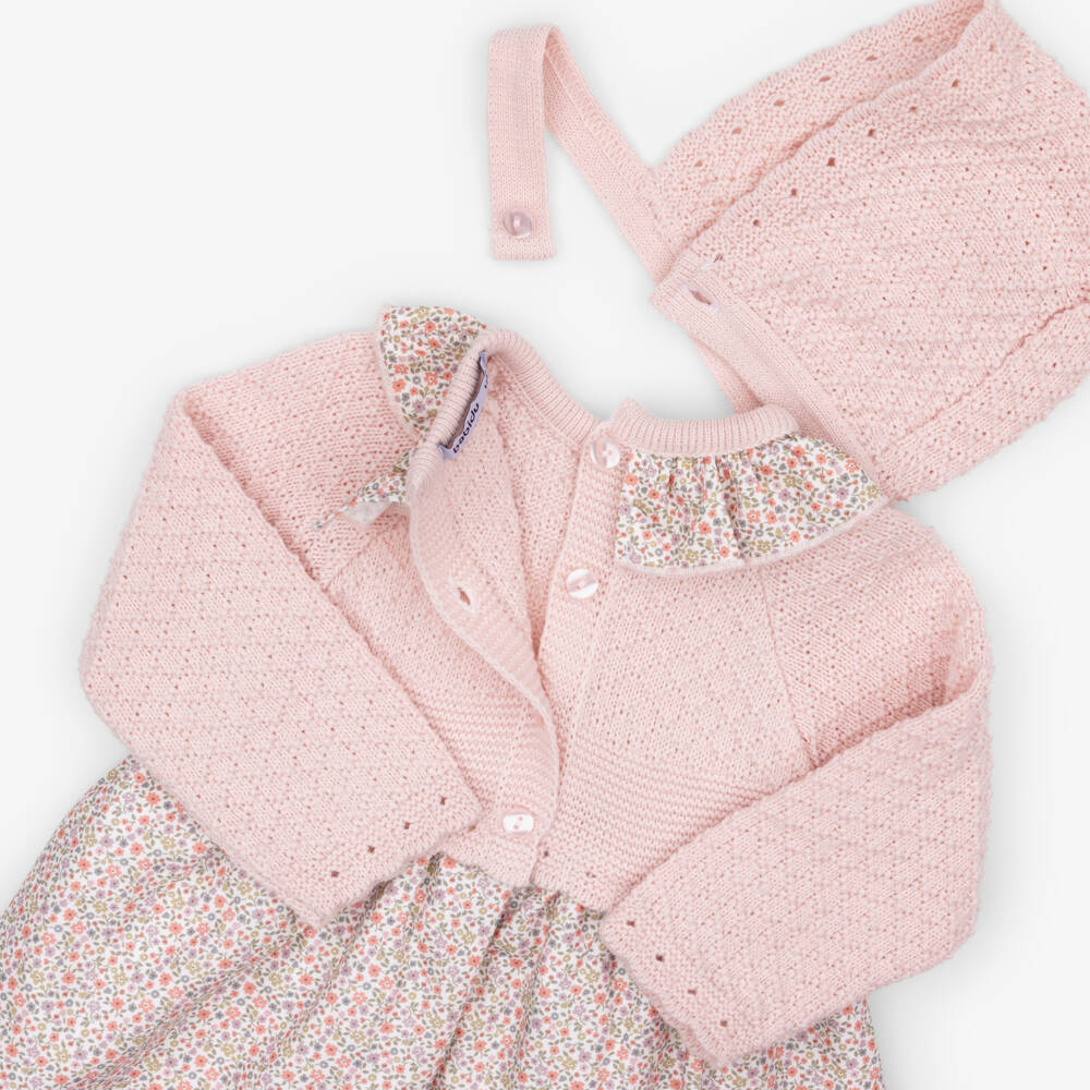 Babidu-Girls Pink Knitted & Floral Print Dress Set | Childrensalon