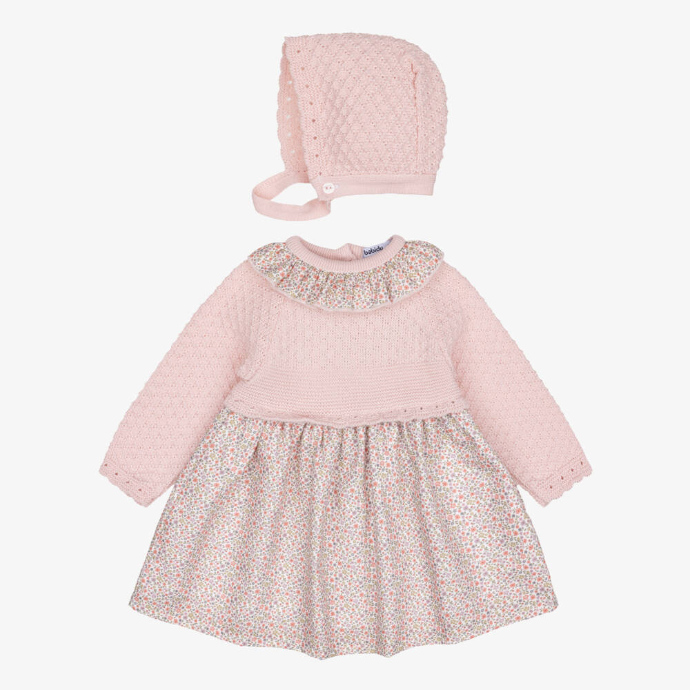 Babidu-Girls Pink Knitted & Floral Print Dress Set | Childrensalon
