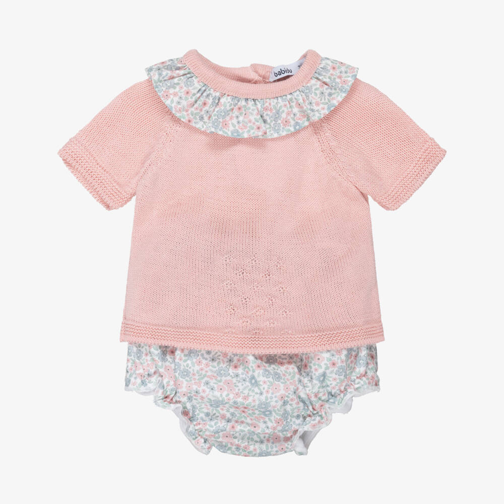 Babidu-Girls Pink Knitted Top & Floral Print Shorts Set | Childrensalon
