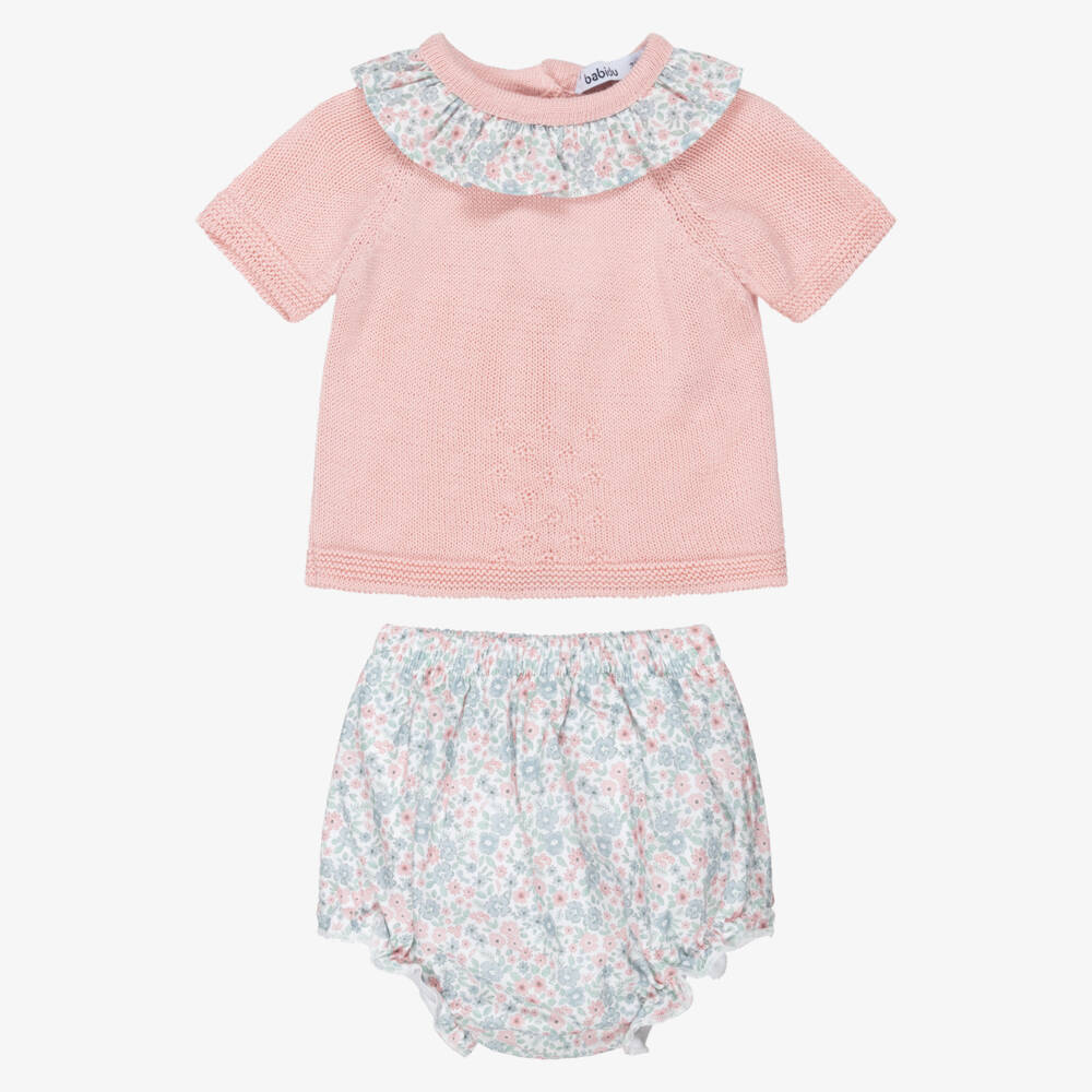 Babidu-Girls Pink Knitted Top & Floral Print Shorts Set | Childrensalon