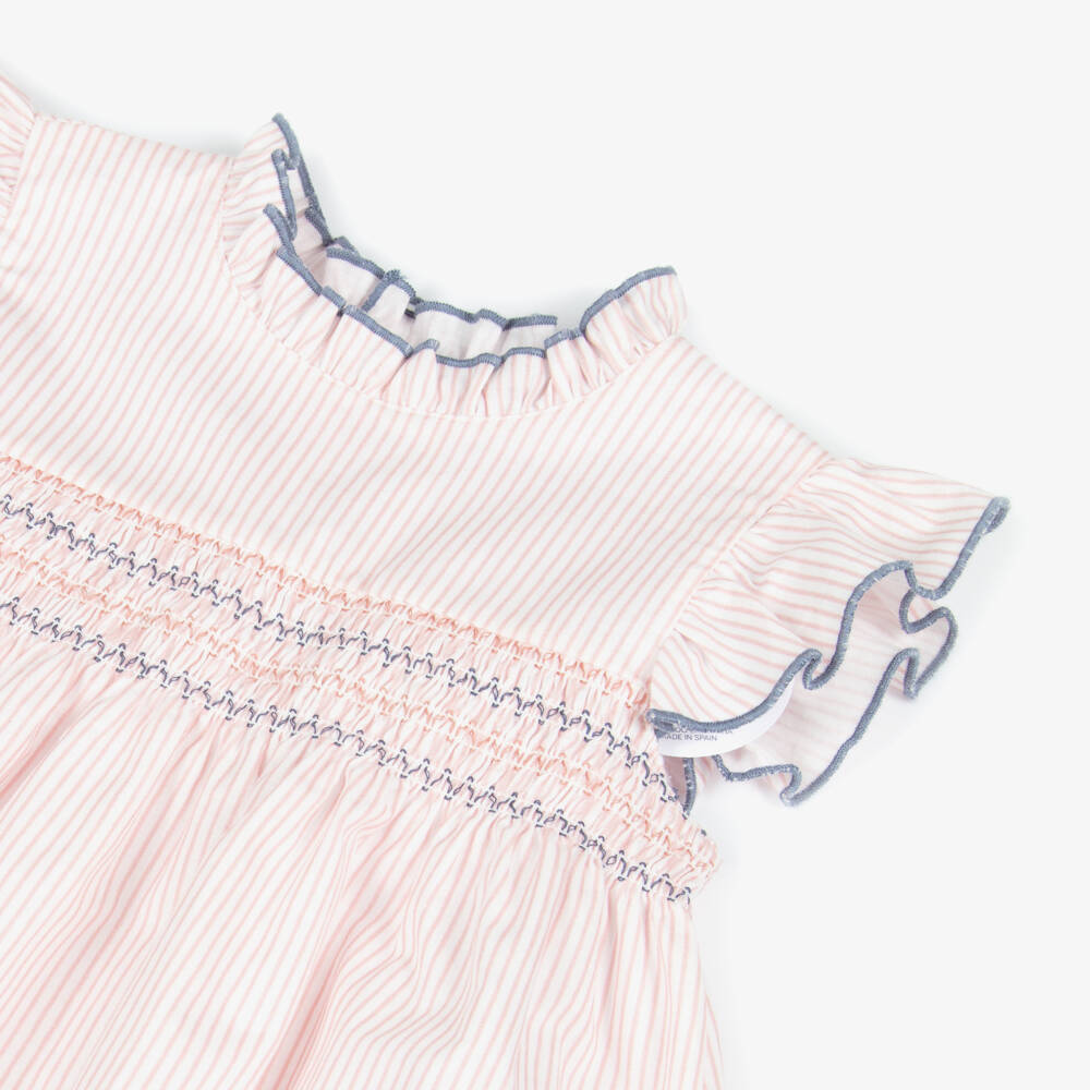 Babidu-Girls Pink Stripe Cotton Dress with Smocked Panel | Childrensalon