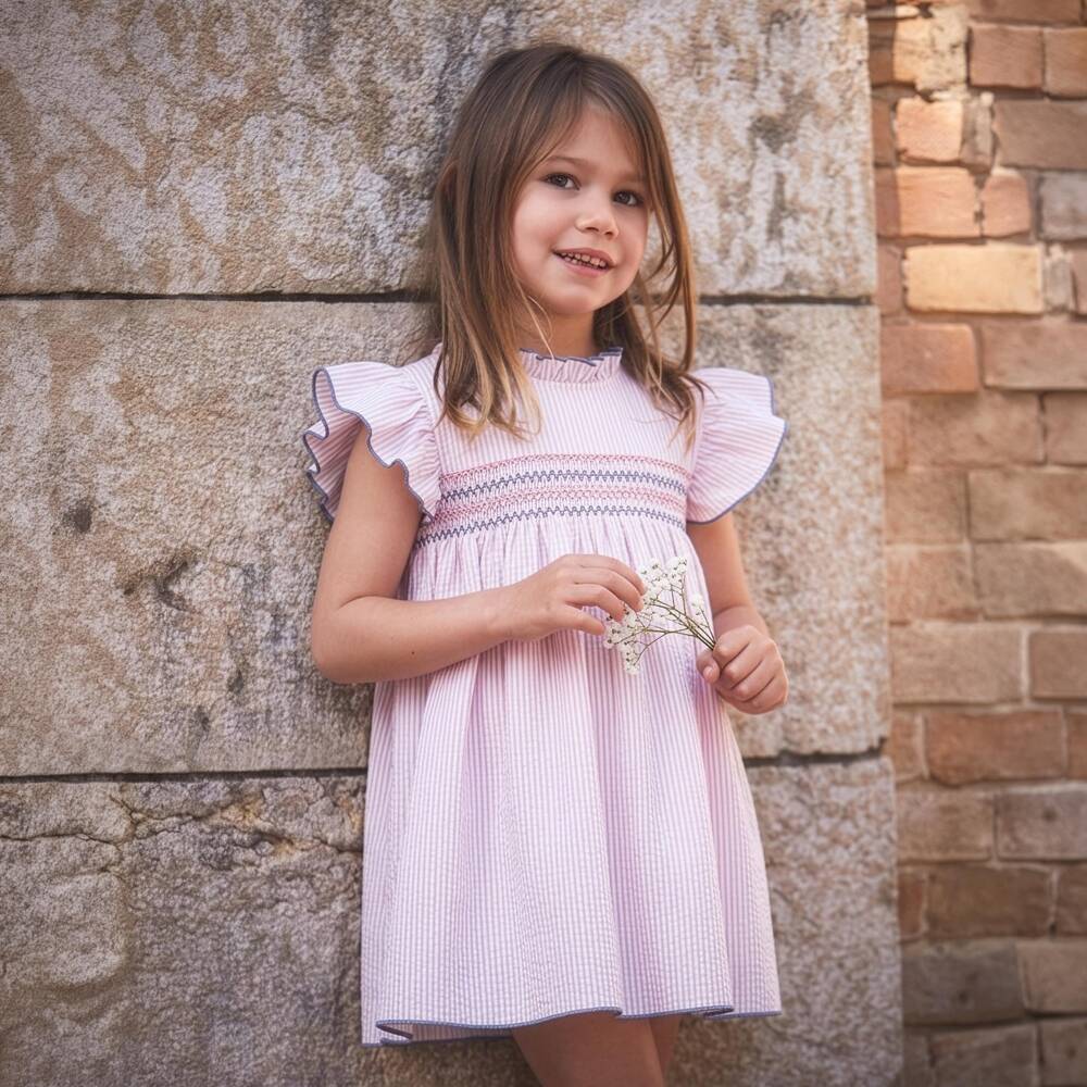 Babidu-Girls Pink Stripe Cotton Dress with Smocked Panel | Childrensalon