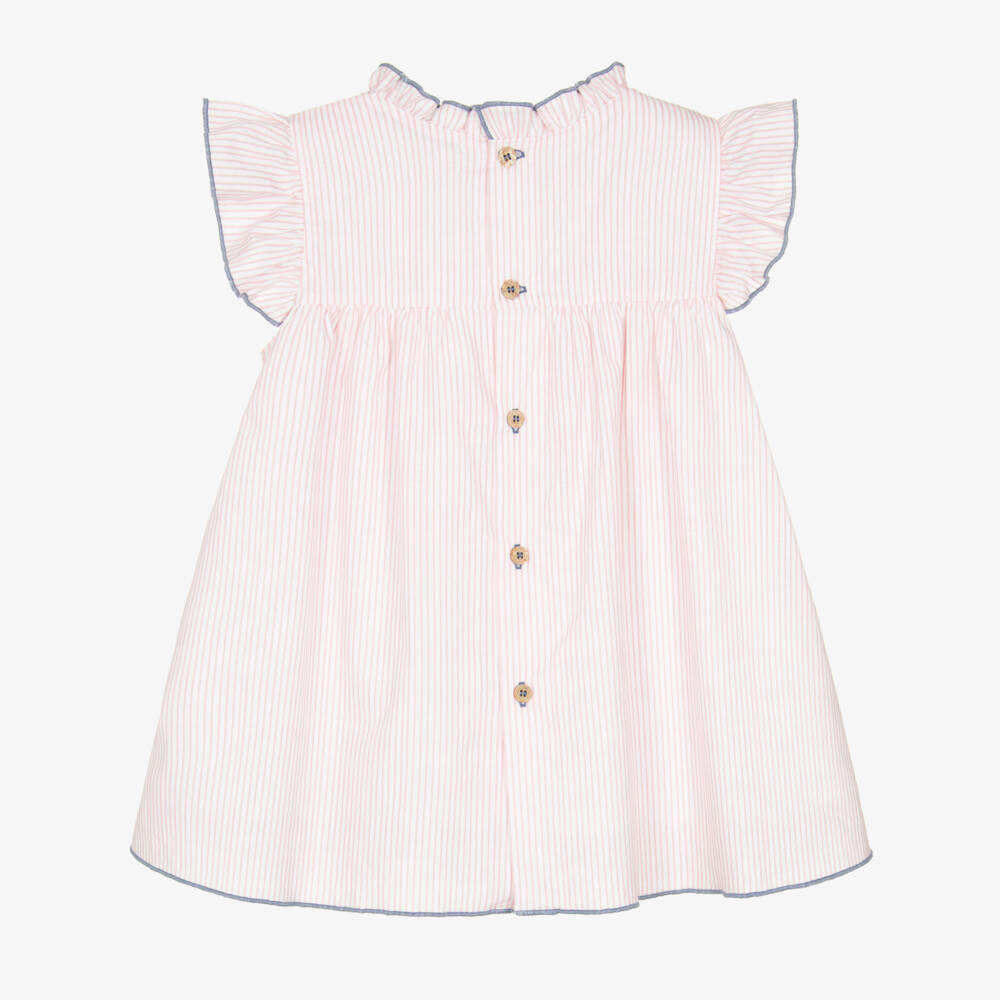 Babidu-Girls Pink Stripe Cotton Dress with Smocked Panel | Childrensalon