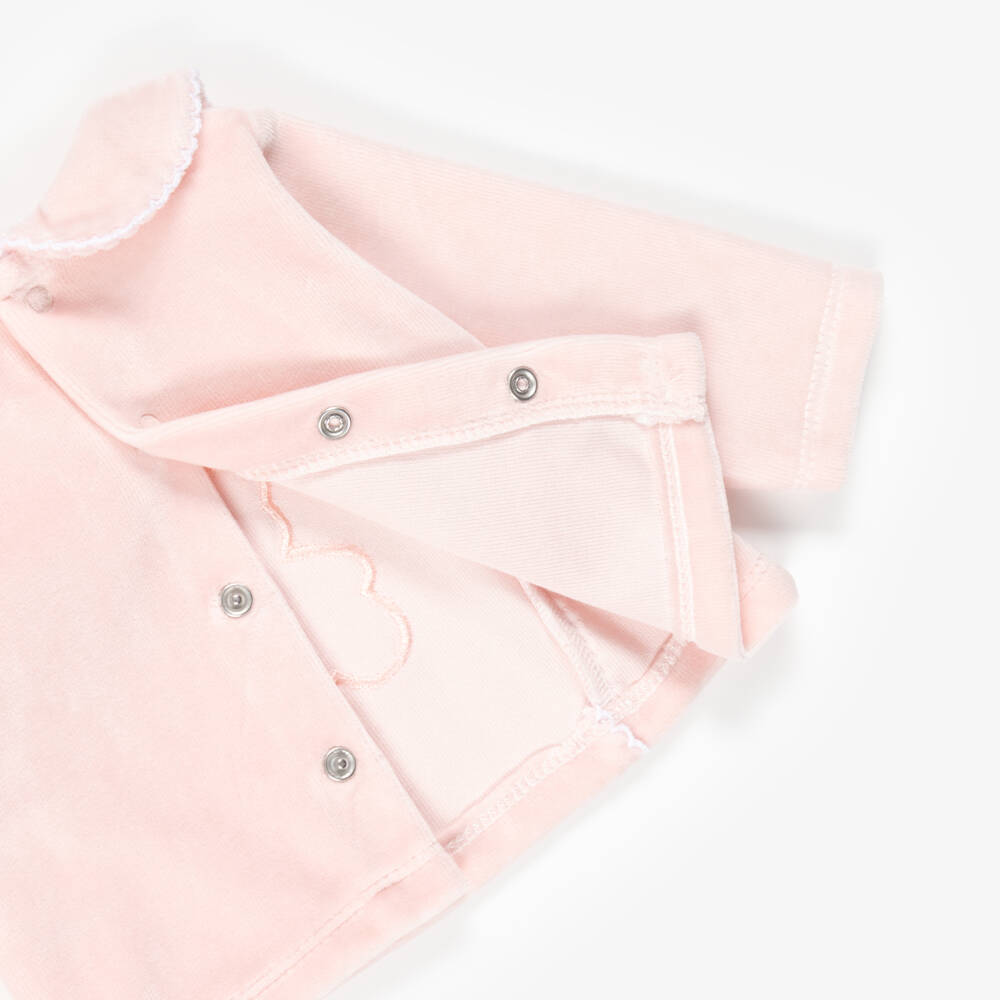 Babidu-Girls Pink Velour 2 Piece Babygrow with Teddy Motif | Childrensalon