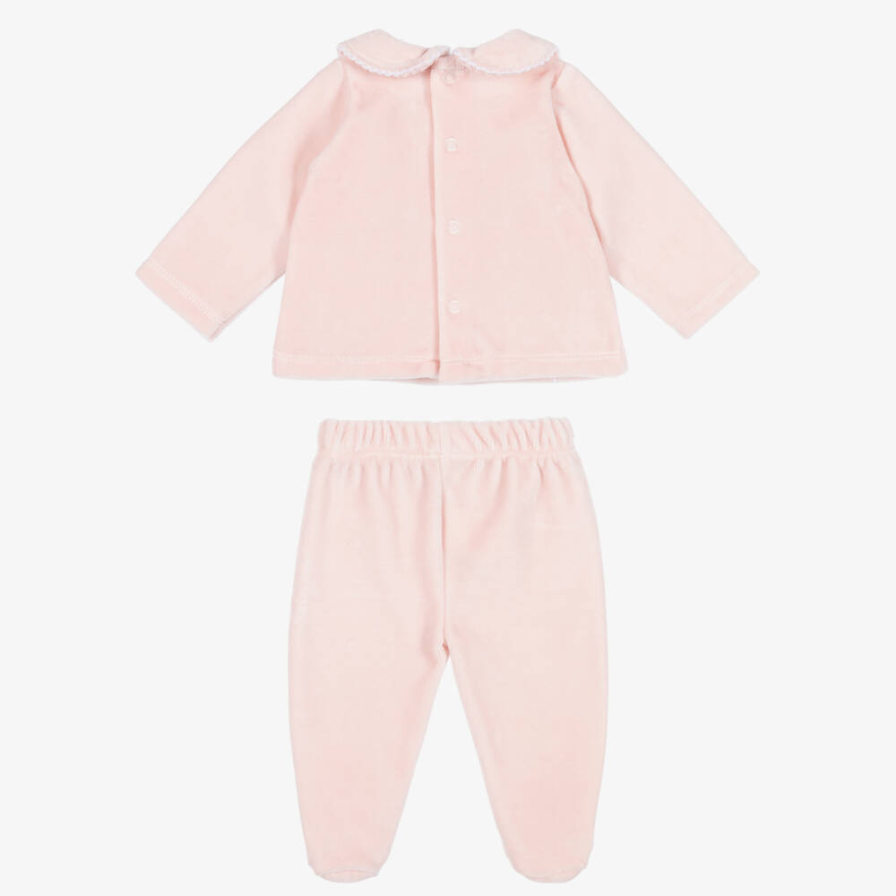 Babidu-Girls Pink Velour 2 Piece Babygrow with Teddy Motif | Childrensalon