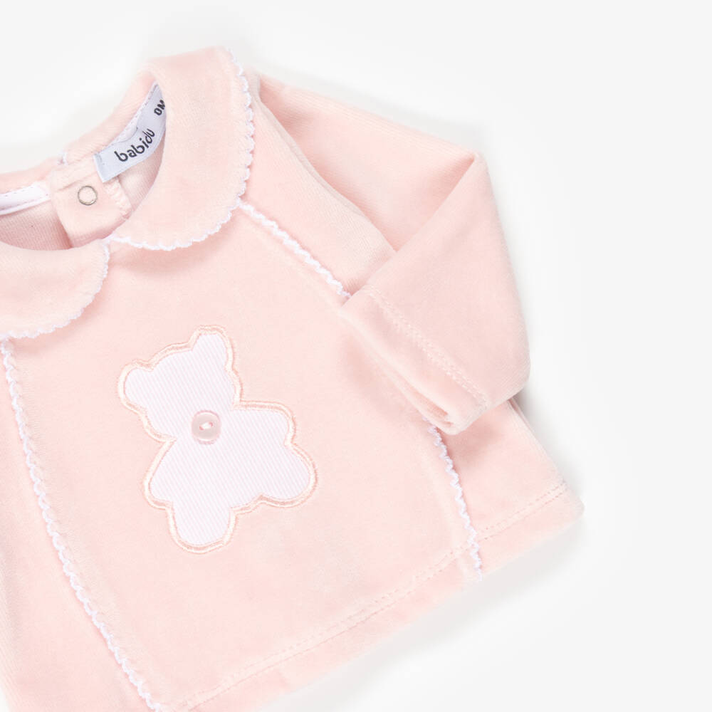 Babidu-Girls Pink Velour 2 Piece Babygrow with Teddy Motif | Childrensalon
