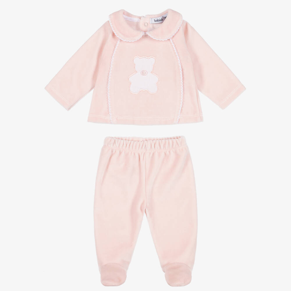 Babidu-Girls Pink Velour 2 Piece Babygrow with Teddy Motif | Childrensalon