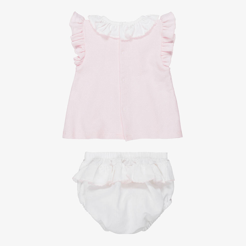 Babidu-طقم شورت قطن بكشكش لون زهري وأبيض للبنات | Childrensalon