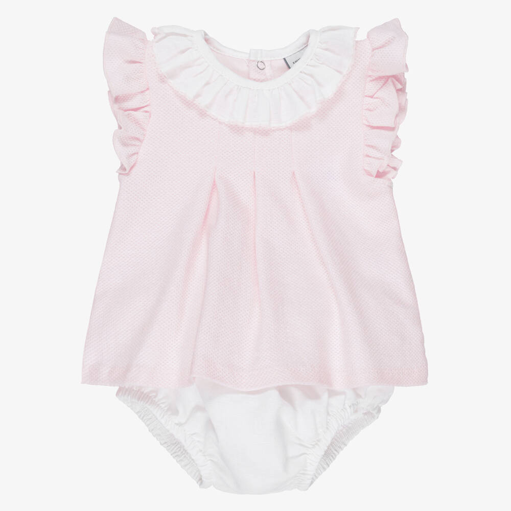 Babidu-طقم شورت قطن بكشكش لون زهري وأبيض للبنات | Childrensalon