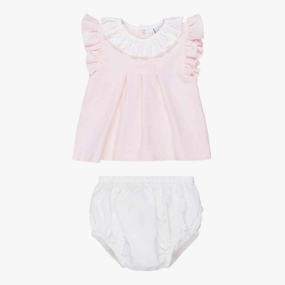 Babidu-طقم شورت قطن بكشكش لون زهري وأبيض للبنات | Childrensalon