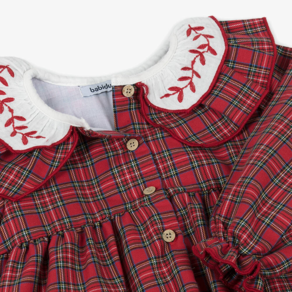 Babidu-Girls Red Tartan Cotton Dress with Ruffle Collar | Childrensalon