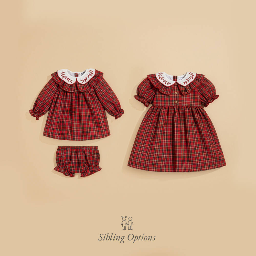 Babidu-Girls Red Tartan Cotton Dress with Ruffle Collar | Childrensalon